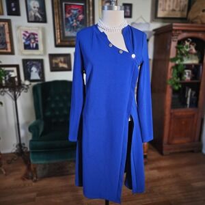 New York & Company Royal Blue Asymmetrical Button Neck Long Sleeve Slit Dress